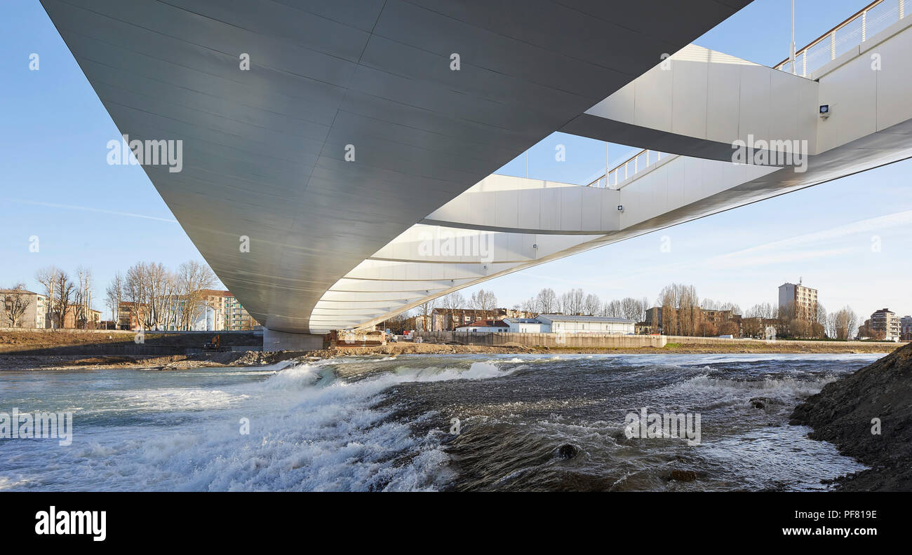 View from underneath the bridge. Cittadella Bridge, Alessandria, Italy. Architect: Richard Meier and Partners, 2017. Stock Photo