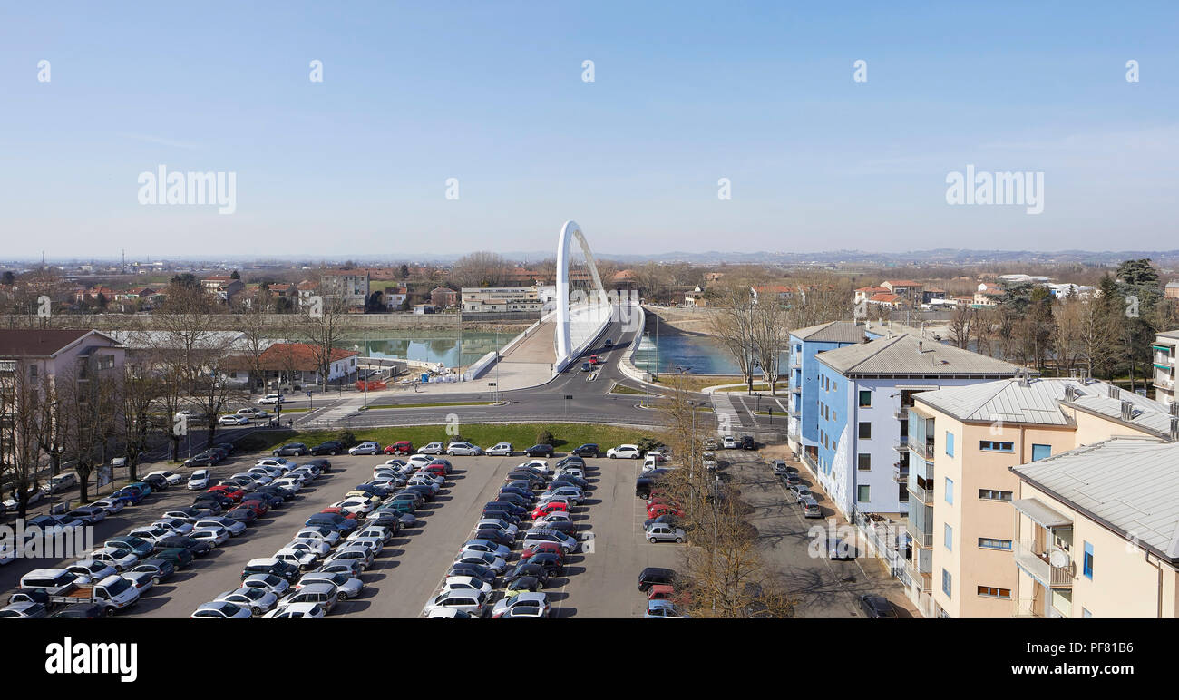 Distant view of the Cittadella Bridge. Cittadella Bridge, Alessandria, Italy. Architect: Richard Meier and Partners, 2017. Stock Photo
