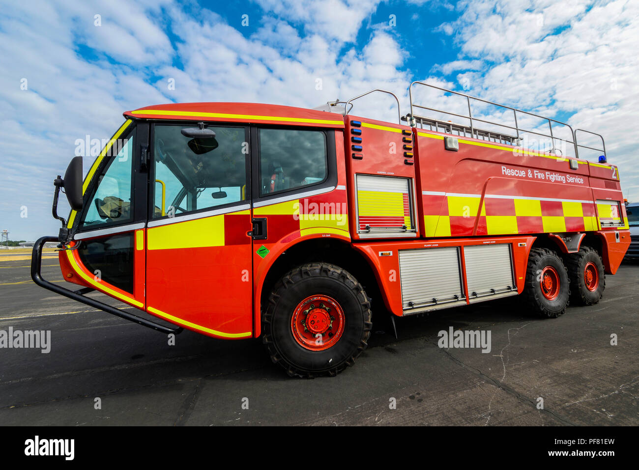 Fire engine at the Farnborough International Airshow FIA, aviation, aerospace trade show. Airport rescue & fire fighting service, emergency vehicle Stock Photo