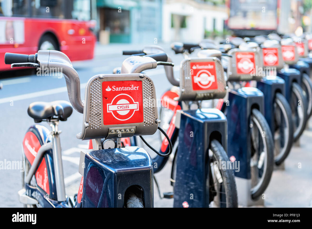 London, UK June 22, 2018 Many Santander Cycles red bikes for hire, rent, rental standing