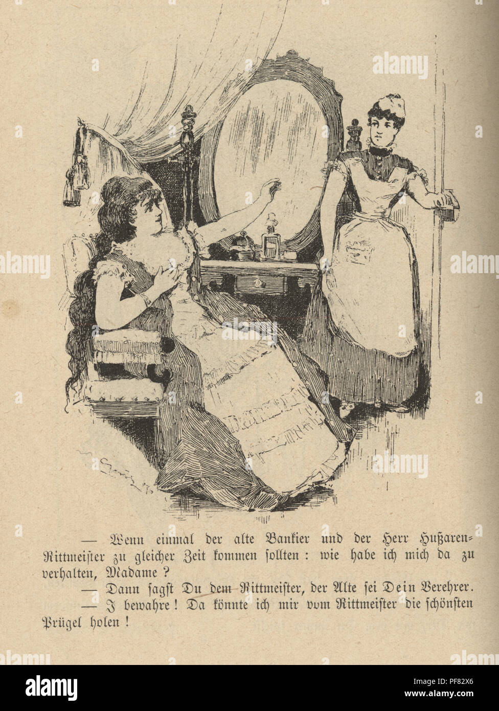 Vintage engraving of a Victorian Cartoon of a woman and her lady's maid, 1880s, German Stock Photo