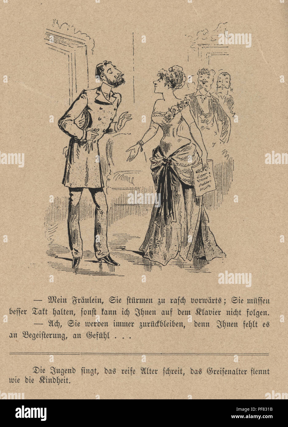 Vintage engraving of a Victorian Cartoon of man talking to a opera singer, 1880s, German Stock Photo