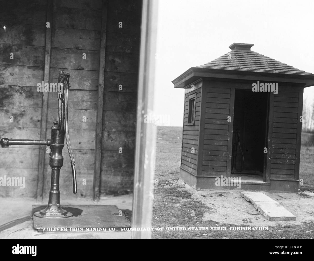 Water pump and a pump house at an Oliver Mining Company industrial facility (Trout Lake Concentrator), Coleraine, Minnesota, 1915. Image courtesy Centers for Disease Control (CDC) / Minnesota Department of Health, R.N. Barr Library, Librarians Melissa Rethlefsen and Marie Jones. () Stock Photo