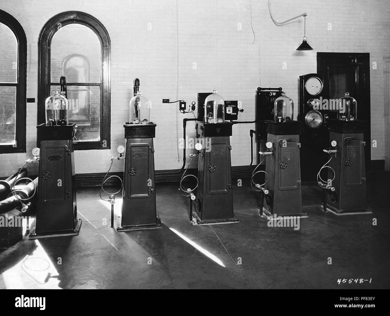 Number of chlorinators used inside the Minneapolis, Minnesota water filtration plant, 1917. Image courtesy Centers for Disease Control (CDC) / Minnesota Department of Health, R.N. Barr Library, Librarians Melissa Rethlefsen and Marie Jones. () Stock Photo