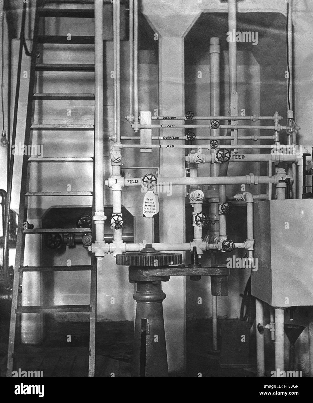 Piping and the control box machinery inside of a hypochlorite plant located in Duluth, Minnesota, 1913. Image courtesy Centers for Disease Control (CDC) / Minnesota Department of Health, R.N. Barr Library, Librarians Melissa Rethlefsen and Marie Jones. () Stock Photo