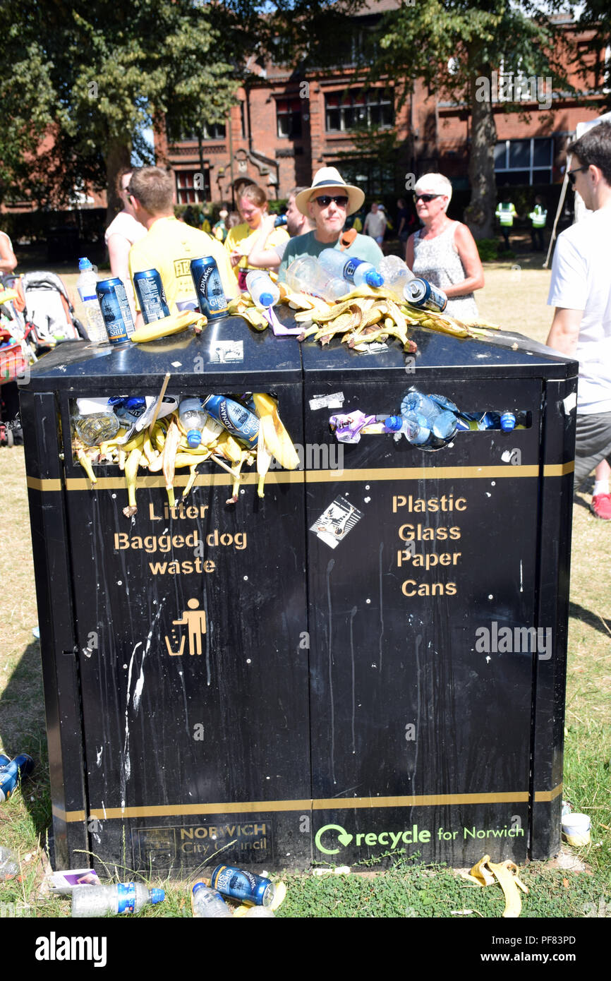 Overflowing rubbish bin in Chapelfield Gardens after Run Norwich