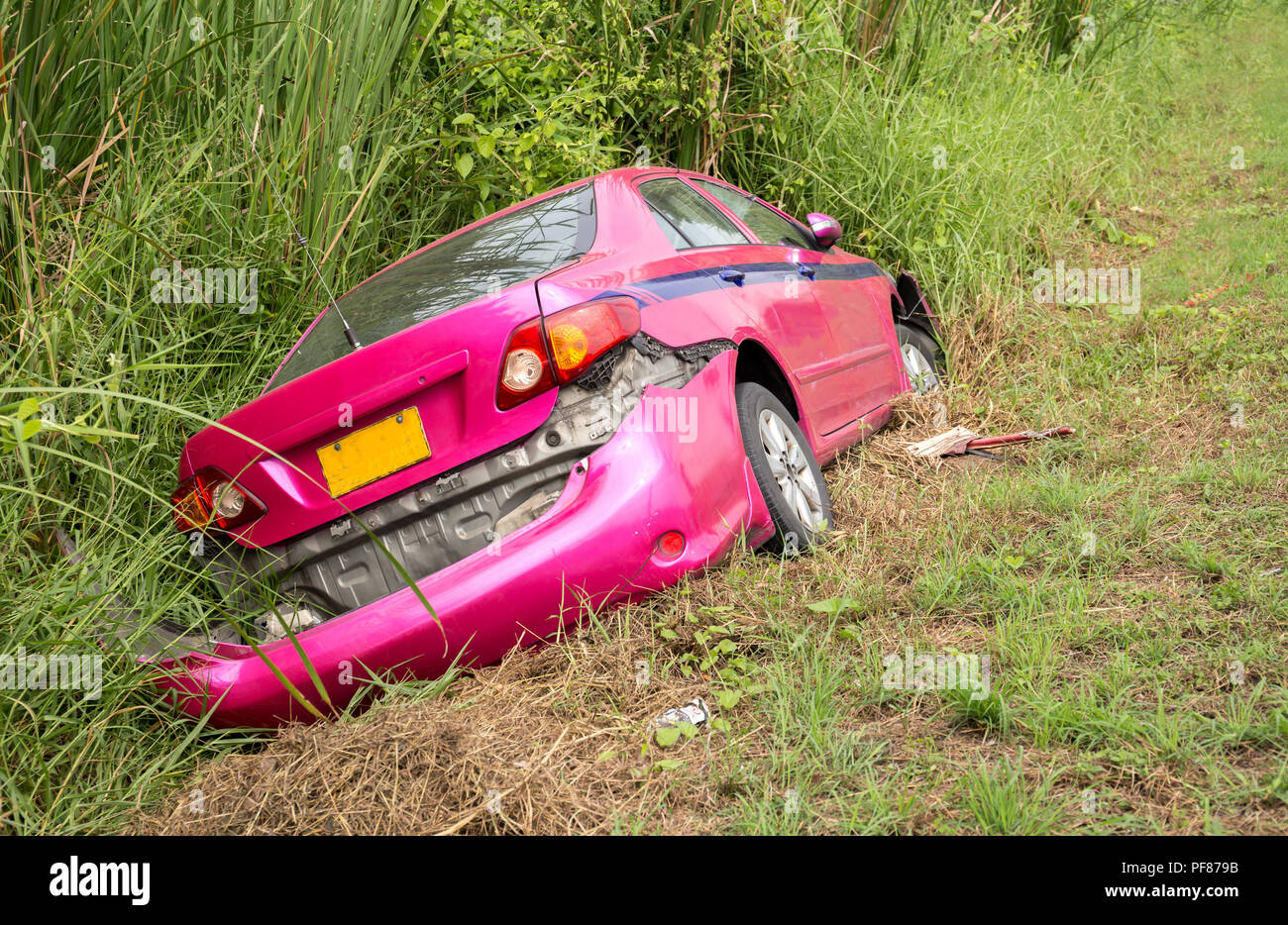 Road accident car crash on the side of the road into the bush in