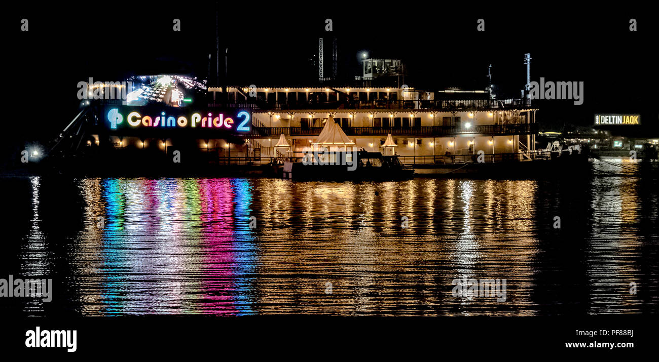 Goa, India - August 14, 2018 :Beautiful reflection of rainbow like spectrum of lighting on the Casino Pride 2 of Panjim, Goa. Major tourist attraction Stock Photo