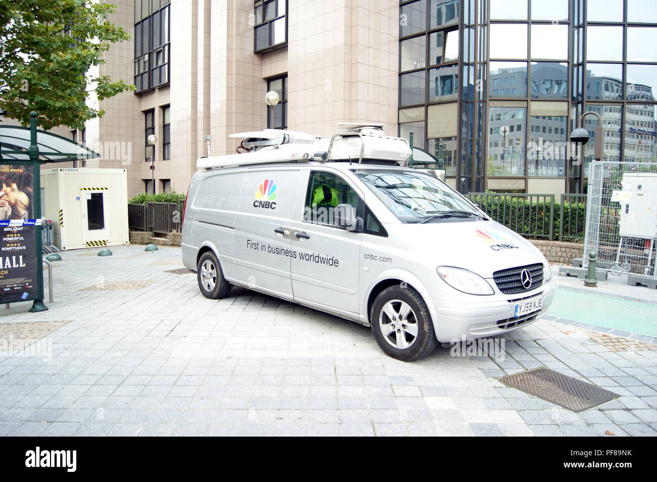 Mercedes Benz TV communications van of CNBC parked at the European Assembly, Brussels Stock Photo