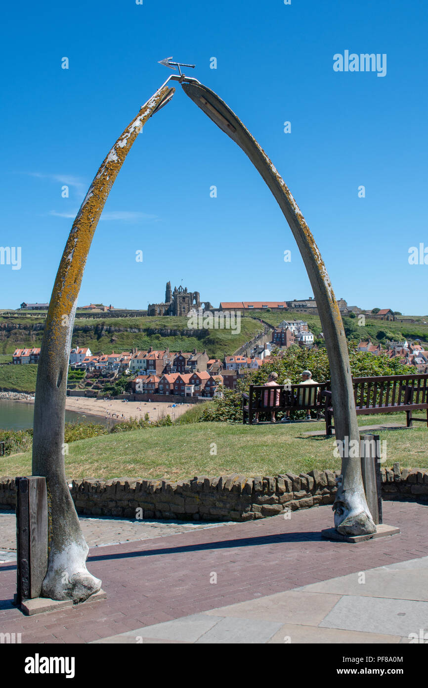Whitby  Yorkshire UK  - 25 June 2018: Looking through the Whalebones to Whitby abbey Stock Photo