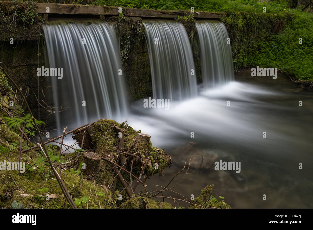 A delightful triple waterfall located in Cromford in Derbyshire. Stock Photo