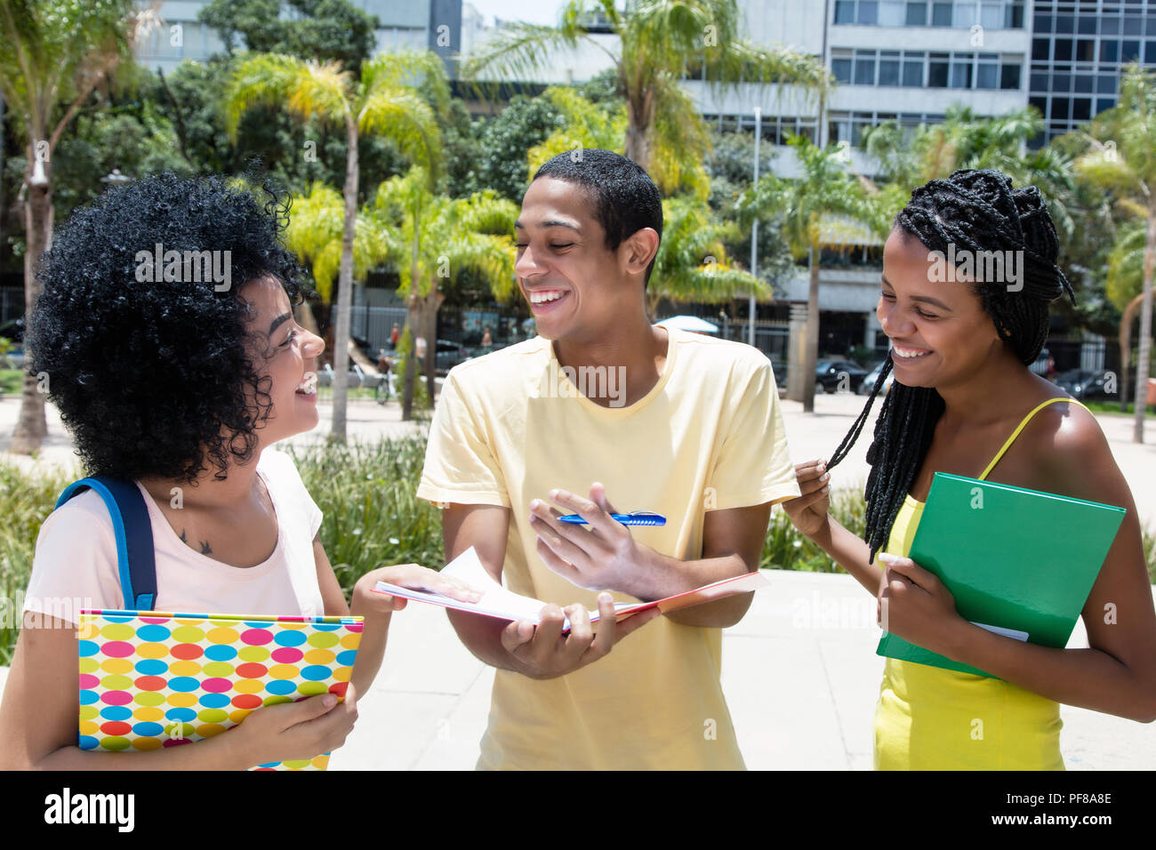 Group of african american students in discussion outdoors on campus in summer Stock Photo