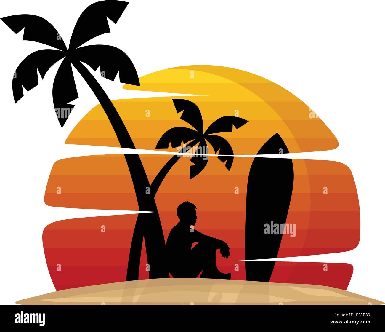 man sit under palm tree summer holiday beach vacation vector art Stock ...