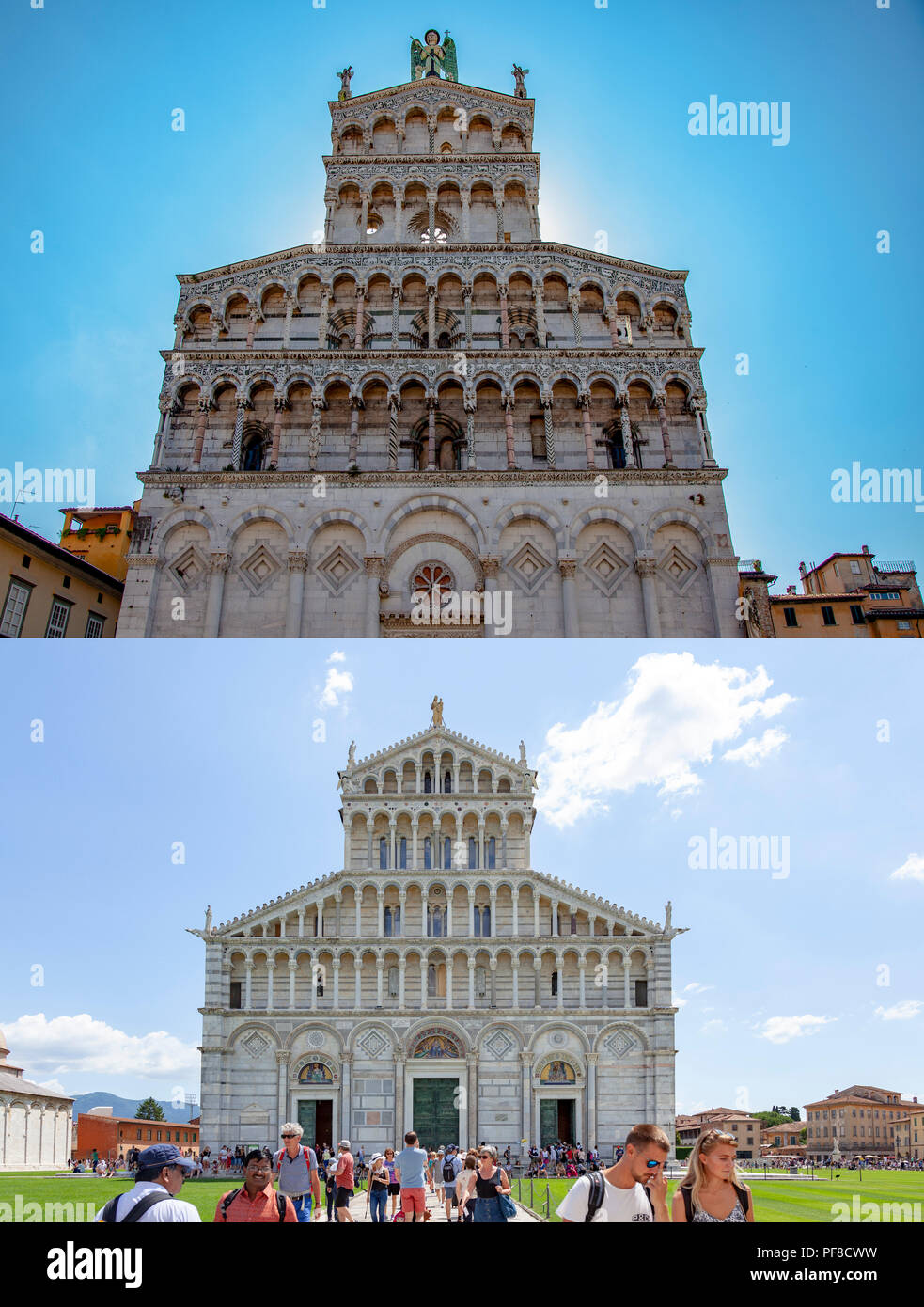 Similarities between 2 church frontages: Above, the one of the San Michele in Foro, at Lucca  Below, the one of the Duomo, at Pisa (Tuscany). Stock Photo
