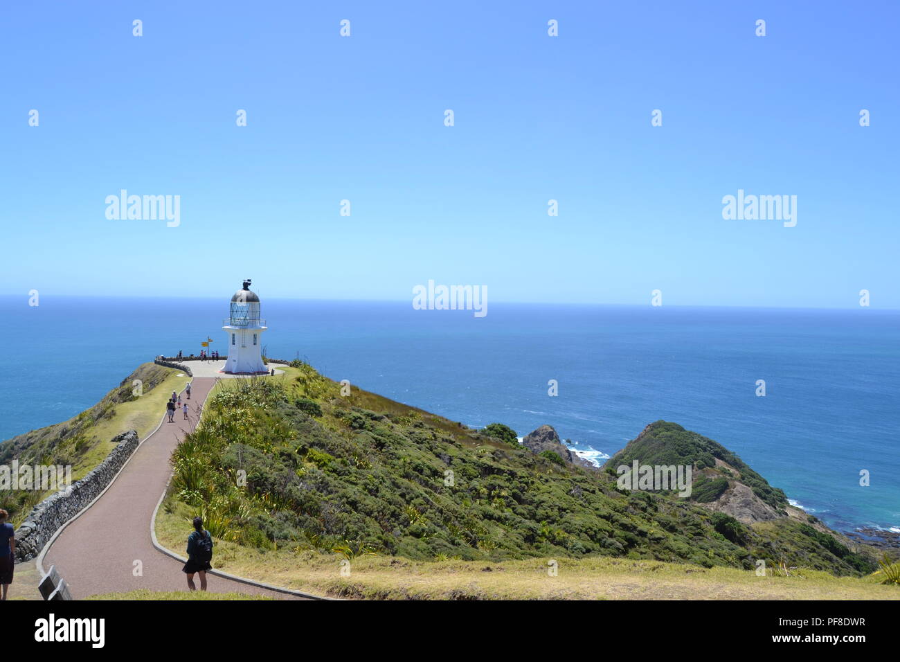 Cape reinga lighthouse front of the sea, small lighthouse norht island new zealand Stock Photo