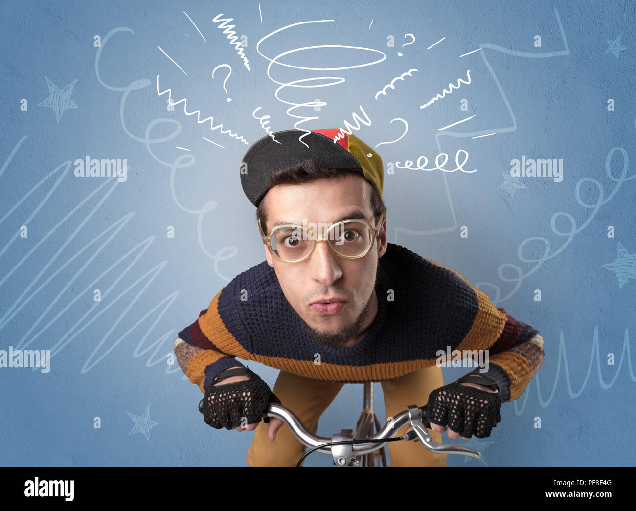 Young foolish crazy rider with doodle on the background Stock Photo - Alamy