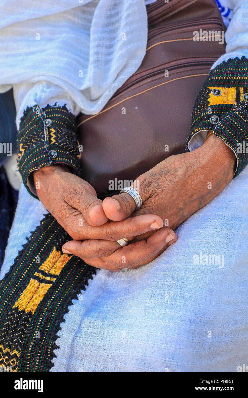 thiopian woman, at rest during the SIGD festival, SIGD, the Ethiopian main religious festival is held annually in Jerusalem and expresses their yearni Stock Photo