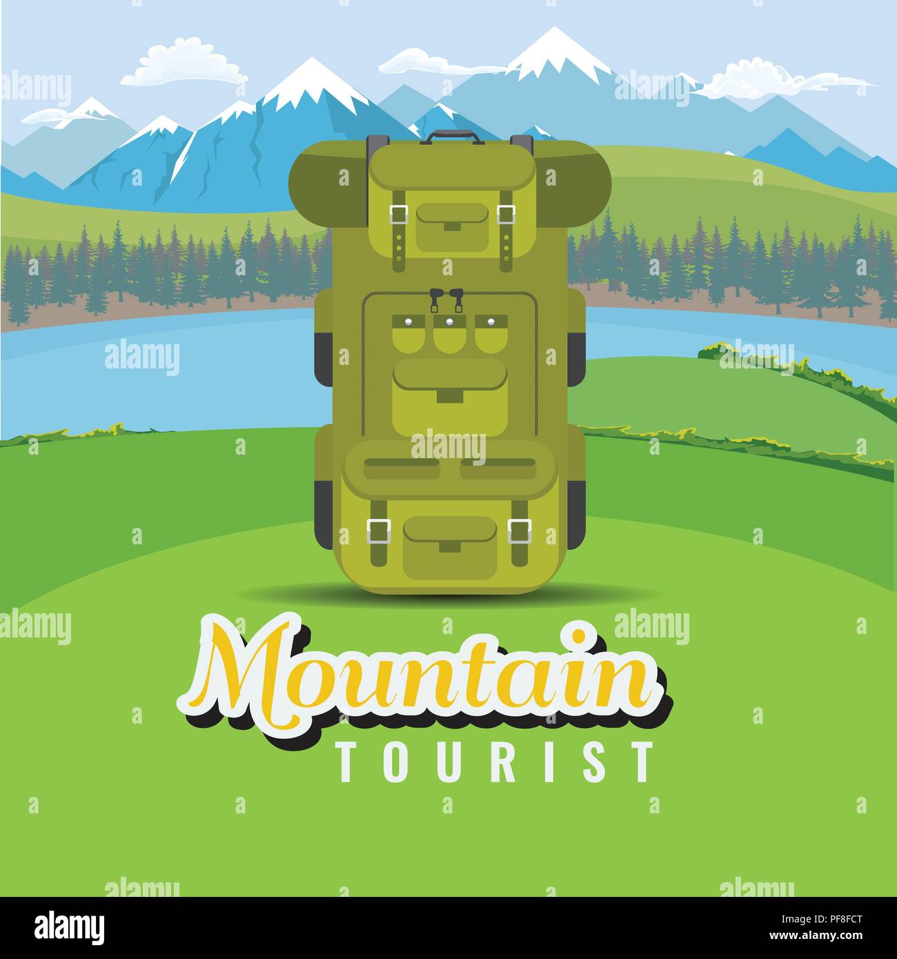 Backpack on hill with mountain and lake landscape. Flat and solid color style vector. Stock Vector