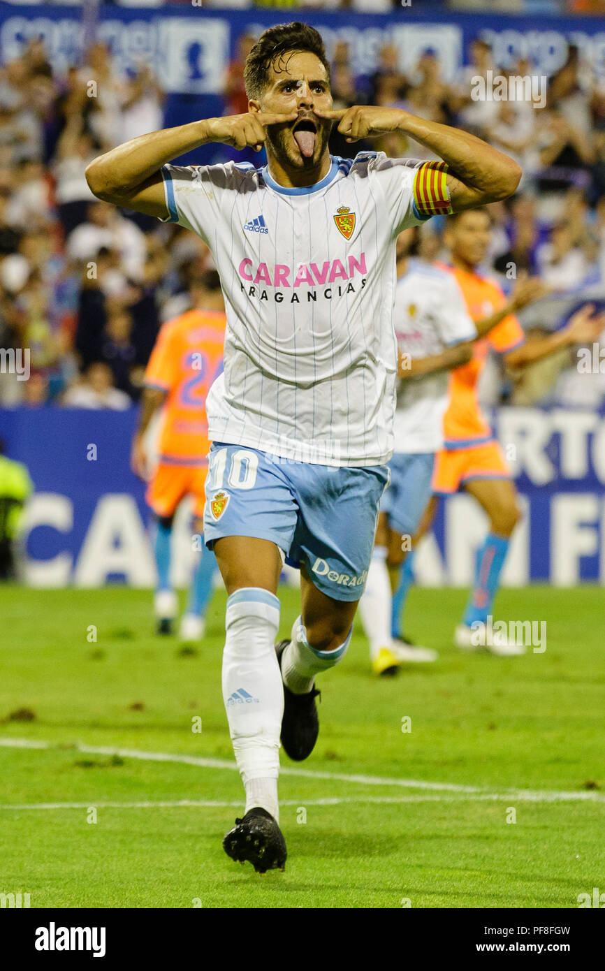 Zaragoza, Spain. 19th Aug, 2018. Javi Ros of Real Zaragoza (10) celebrates  after scoring his team's second goal during the La Liga 1|2|3 match between Real  Zaragoza and Rayo Majadahonda at La