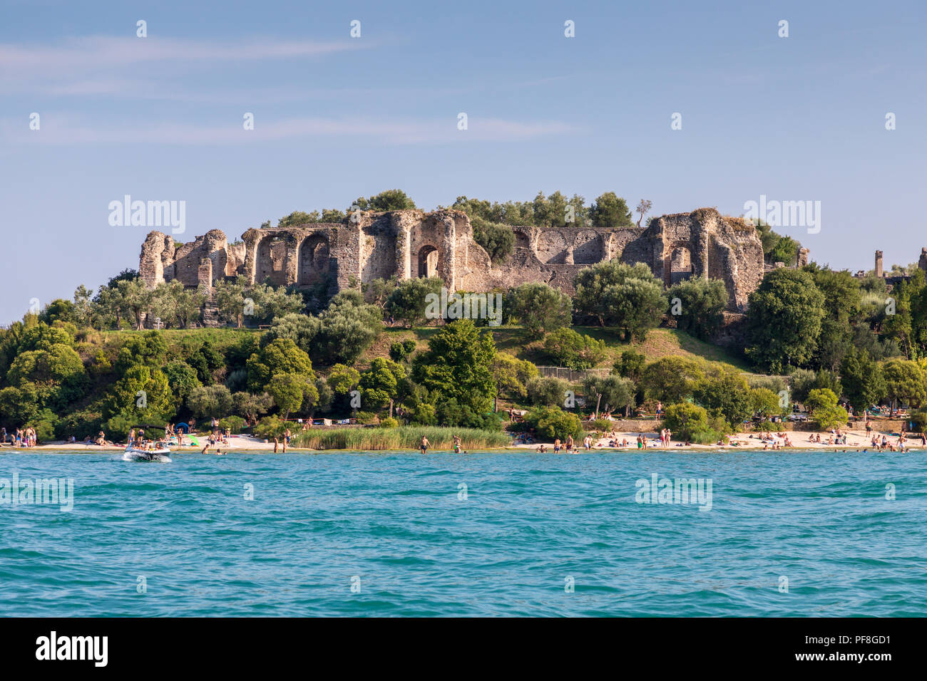 The Grotto of Catullo ruined Roman villas near Sirmione. Taken from Lake Garda. The Grottoes of Catullus Stock Photo