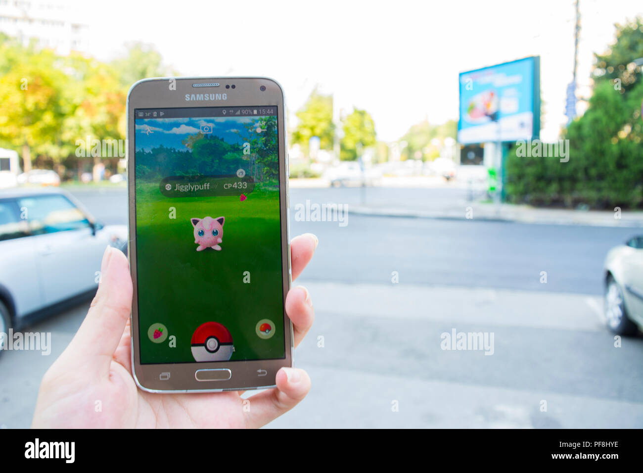 19 Augusr 2018-Bucharest, Romania. Me playing Pokemon Go while walking on  the street on a Samsung phone Stock Photo - Alamy