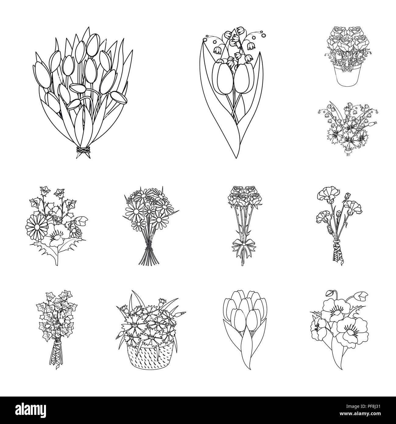 A bouquet of fresh flowers outline icons in set collection for design ...