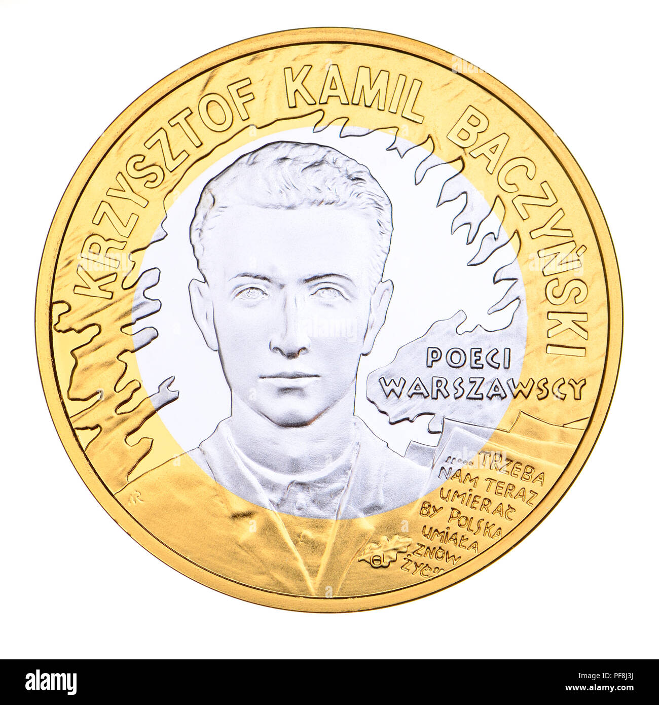 Polish coin: Krzysztof Kamil Baczynski (1921-1944) Polish poet and Armia Krajowa (Polish Home Army) soldier, on a Polish coin commemorating 65th anniv Stock Photo