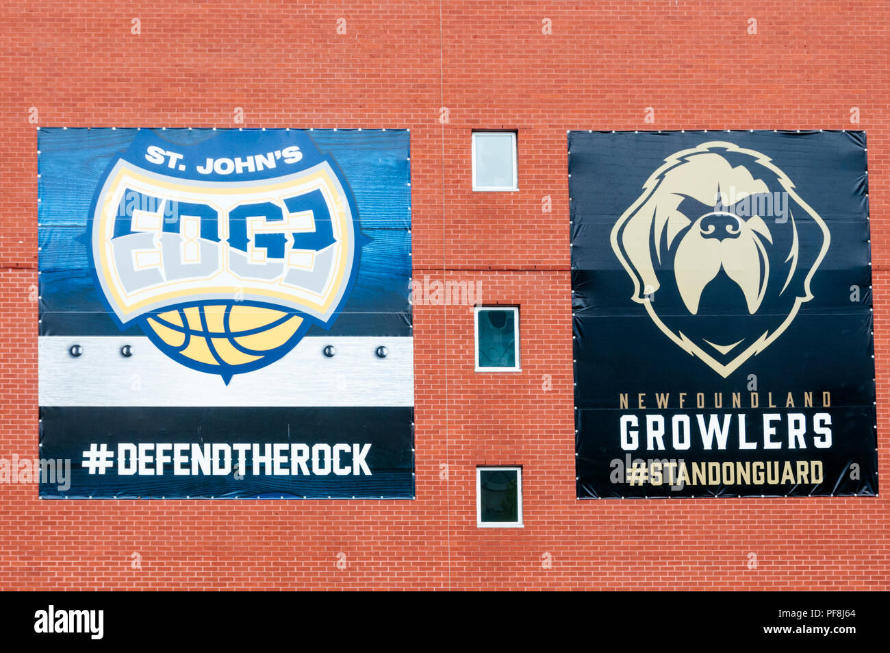 Banners for the St John's Edge basketball team and Newfoundland Growlers ice hockey team at the Mile One Centre, Newfoundland, Canada. Stock Photo