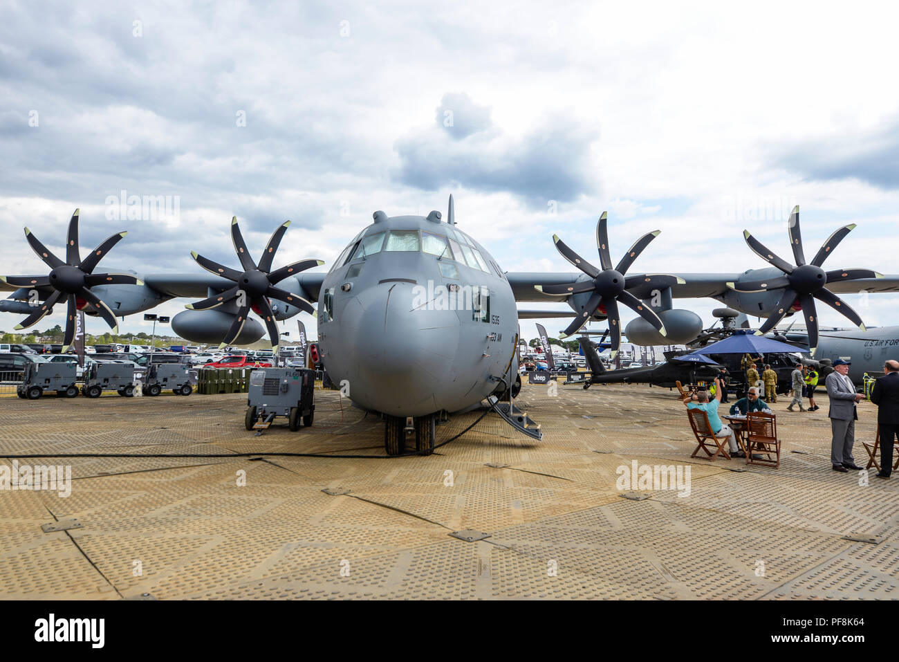 Lockheed C-130H with eight blade propeller and RR T56 engines at the Farnborough International Airshow FIA, aviation, aerospace trade show 2018 Stock Photo