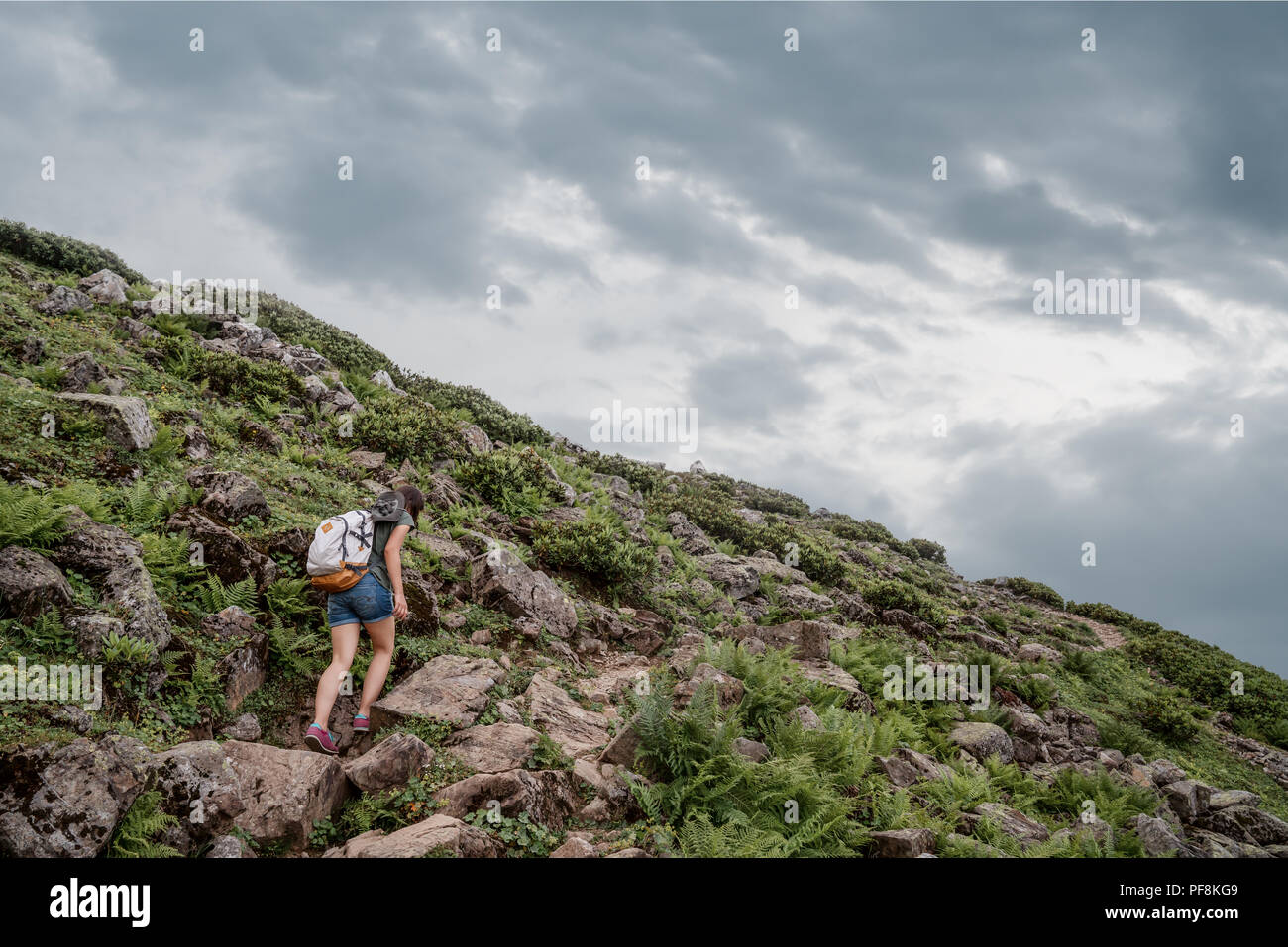 Hiking - hiker woman on trek with backpack living healthy active lifestyle. Hiker girl walking on hike in mountain. Stock Photo