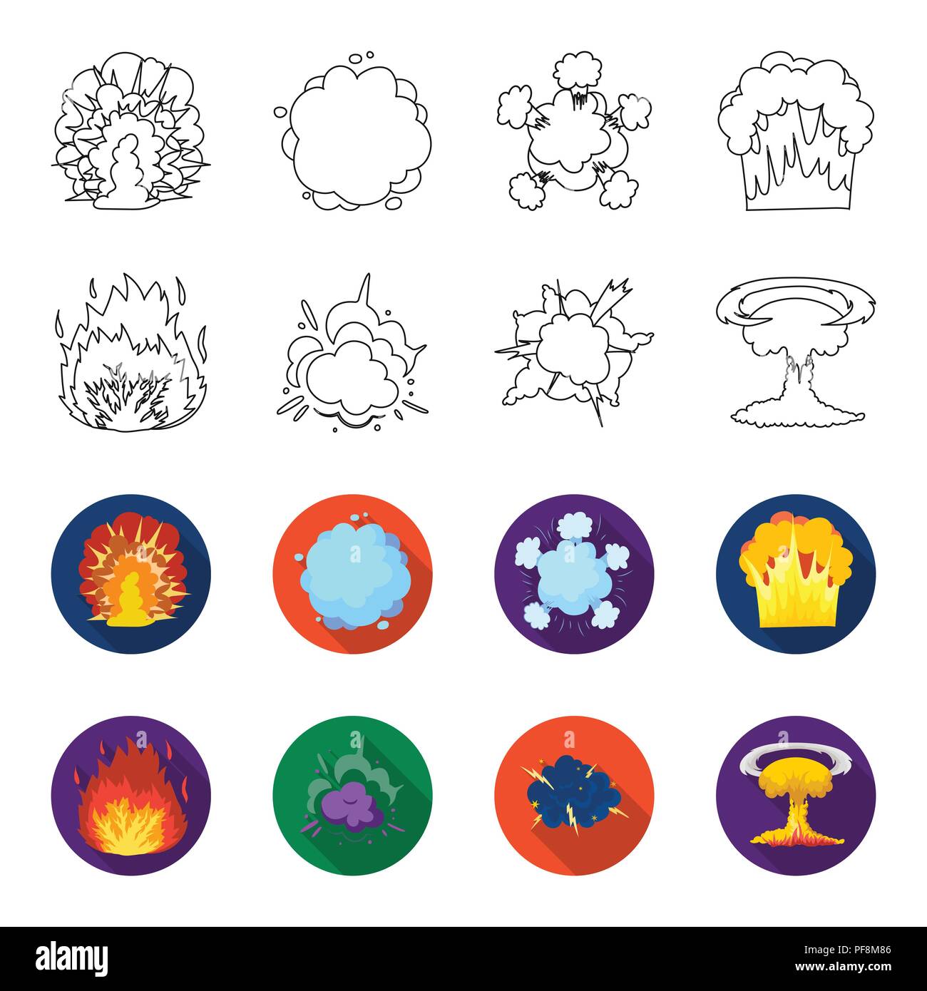 Flame, sparks, hydrogen fragments, atomic or gas explosion. Explosions set collection icons in outline,flat style vector symbol stock illustration . Stock Vector