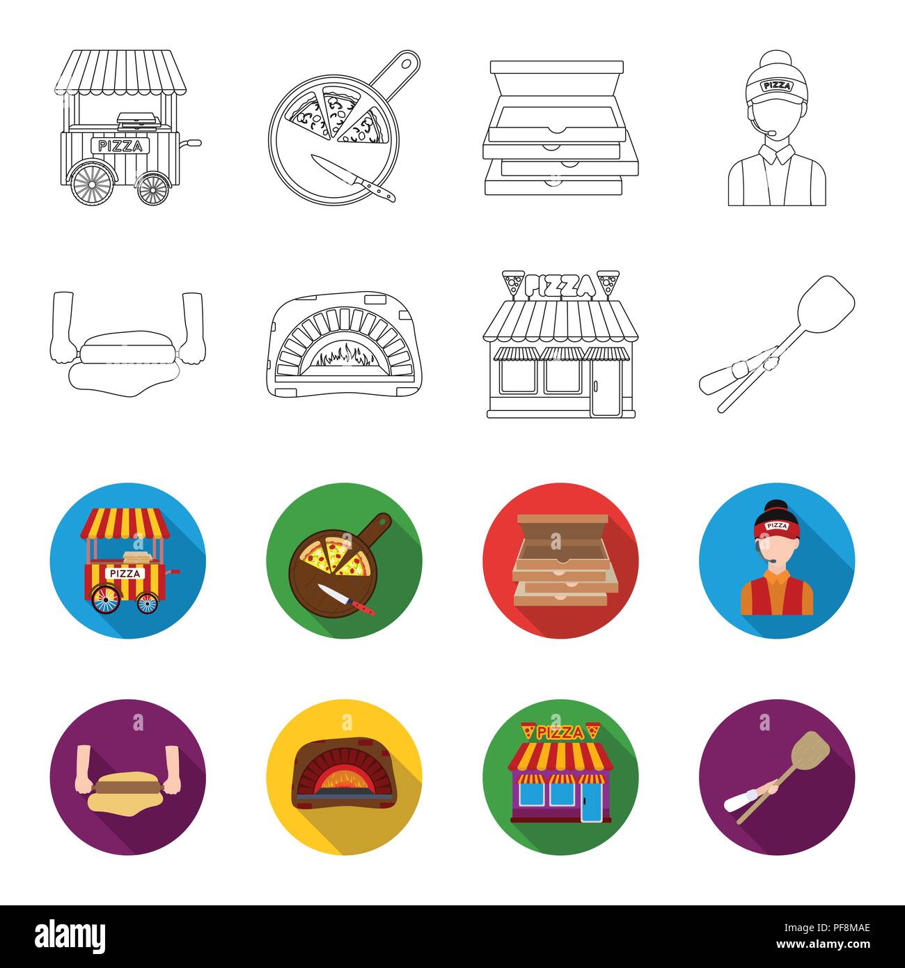 Pizza dough, oven, pizzeria building, spatula for billets. Pizza and