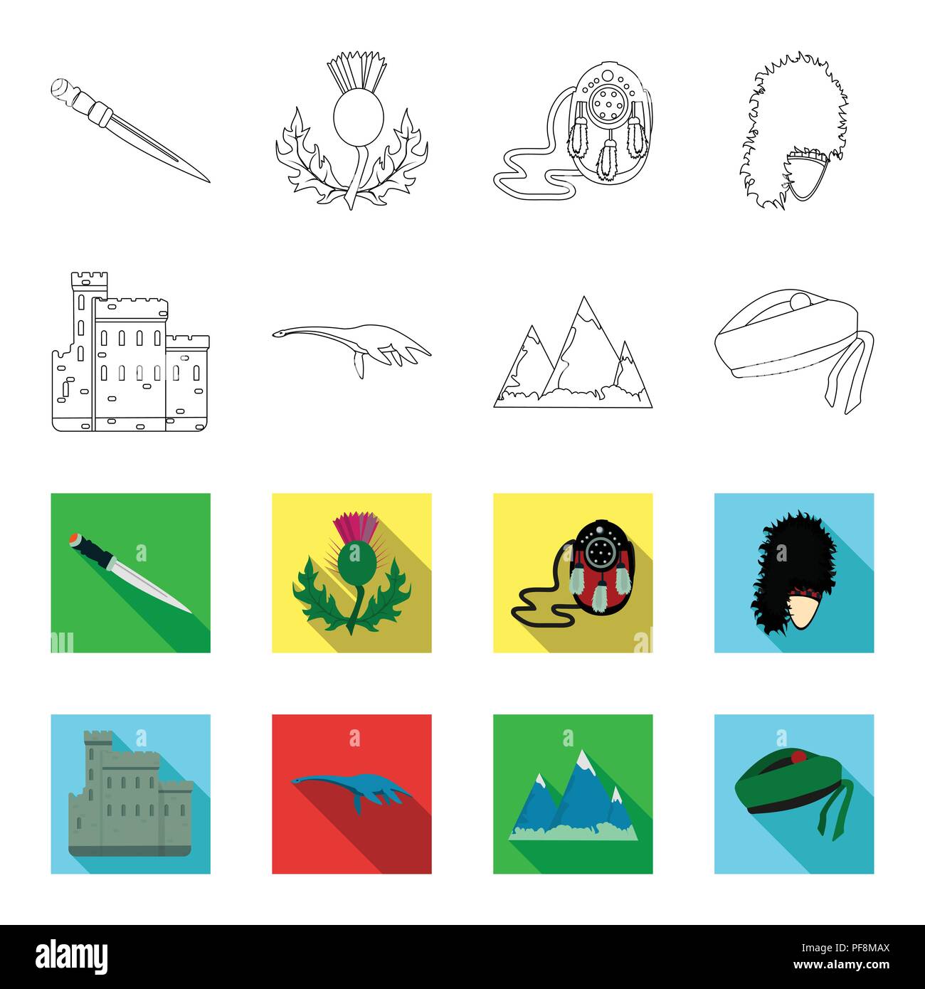 Edinburgh Castle, Loch Ness Monster, Grampian Mountains, national cap balmoral,tam shanter. Scotland set collection icons in outline,flet style vector Stock Vector