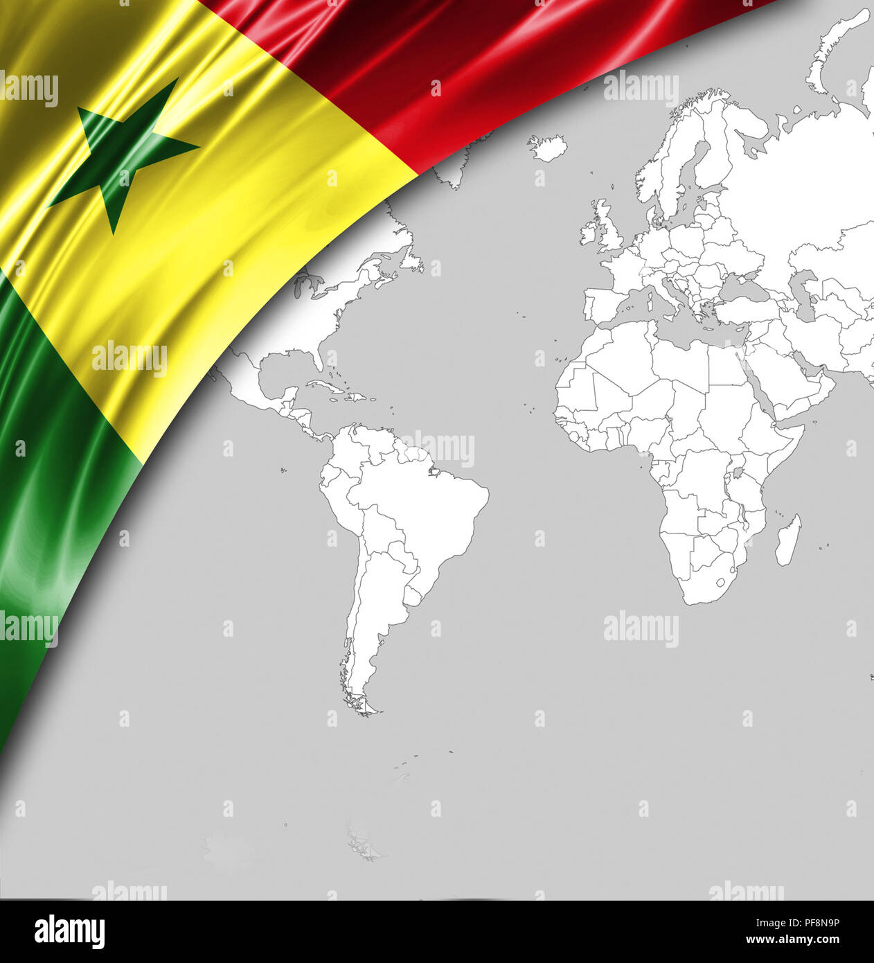 Flag of Senegal with a place for your text, in the background a world map. Stock Photo
