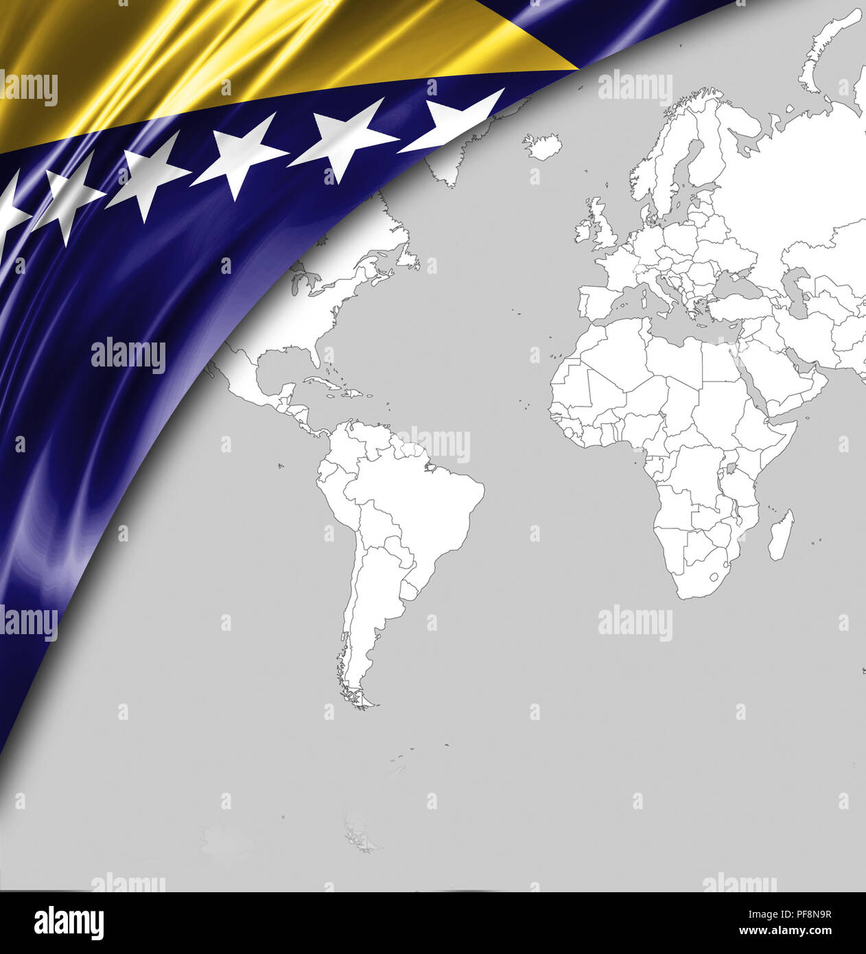 Flag of Bosnia and Herzegovina with a place for your text, in the background a world map. Stock Photo