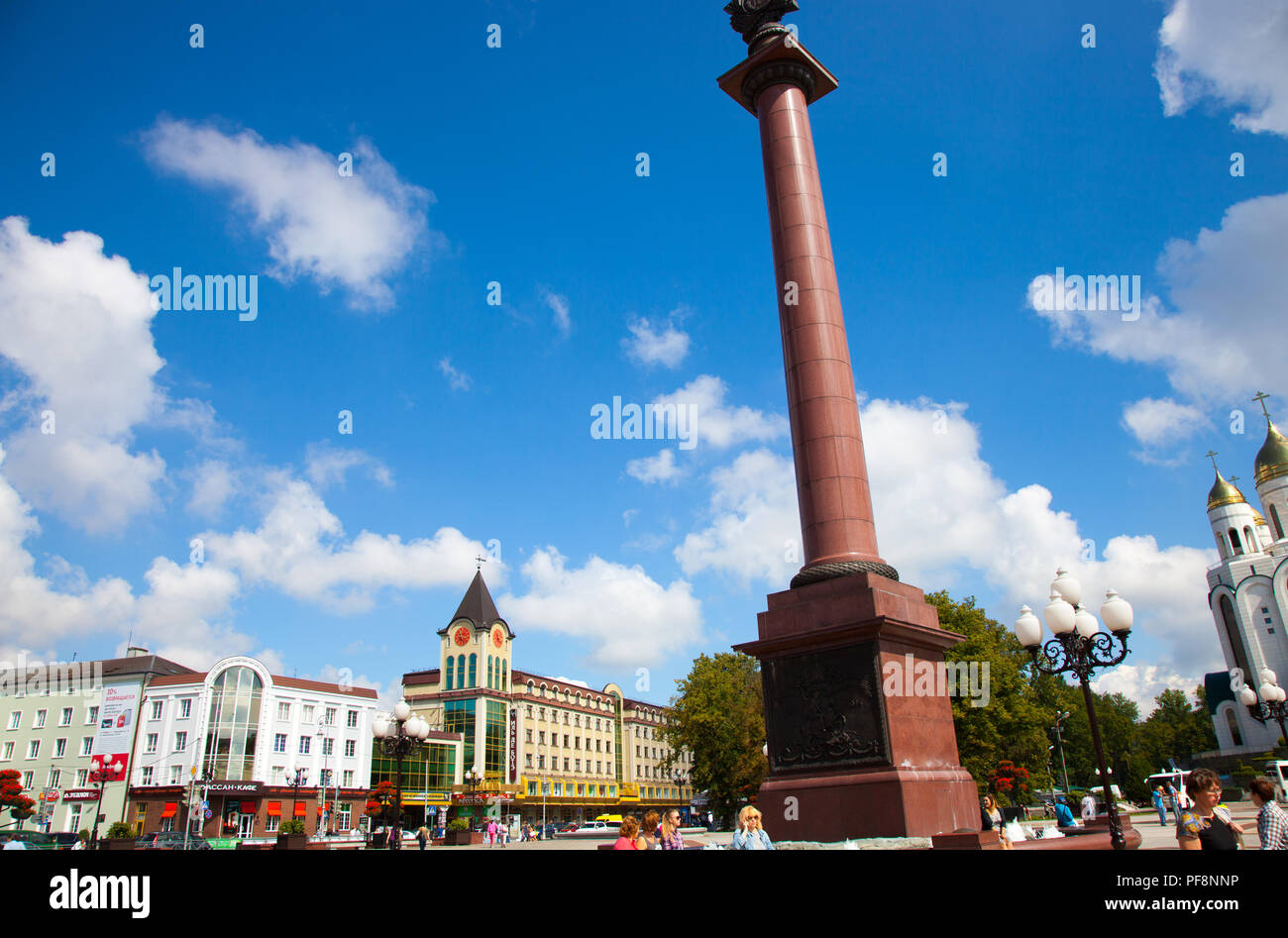 View of the Victory Square (Ploshchad Pobedy), Cathedral of Christ the Saviour and Triumphal Column. Kaliningra Stock Photo