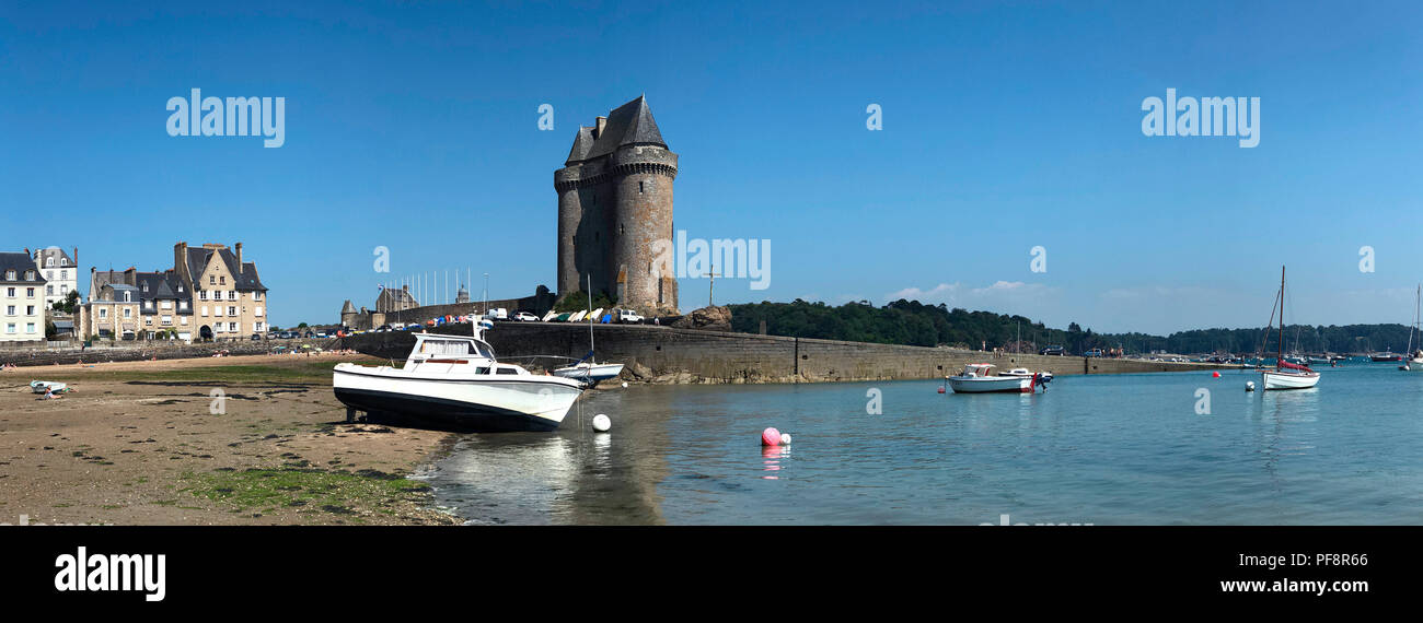 Panoramic view at low tide of the Tour de Solidor on the Solidor waterfront in the port of Saint Malo on the north coast of Brittany in France Stock Photo