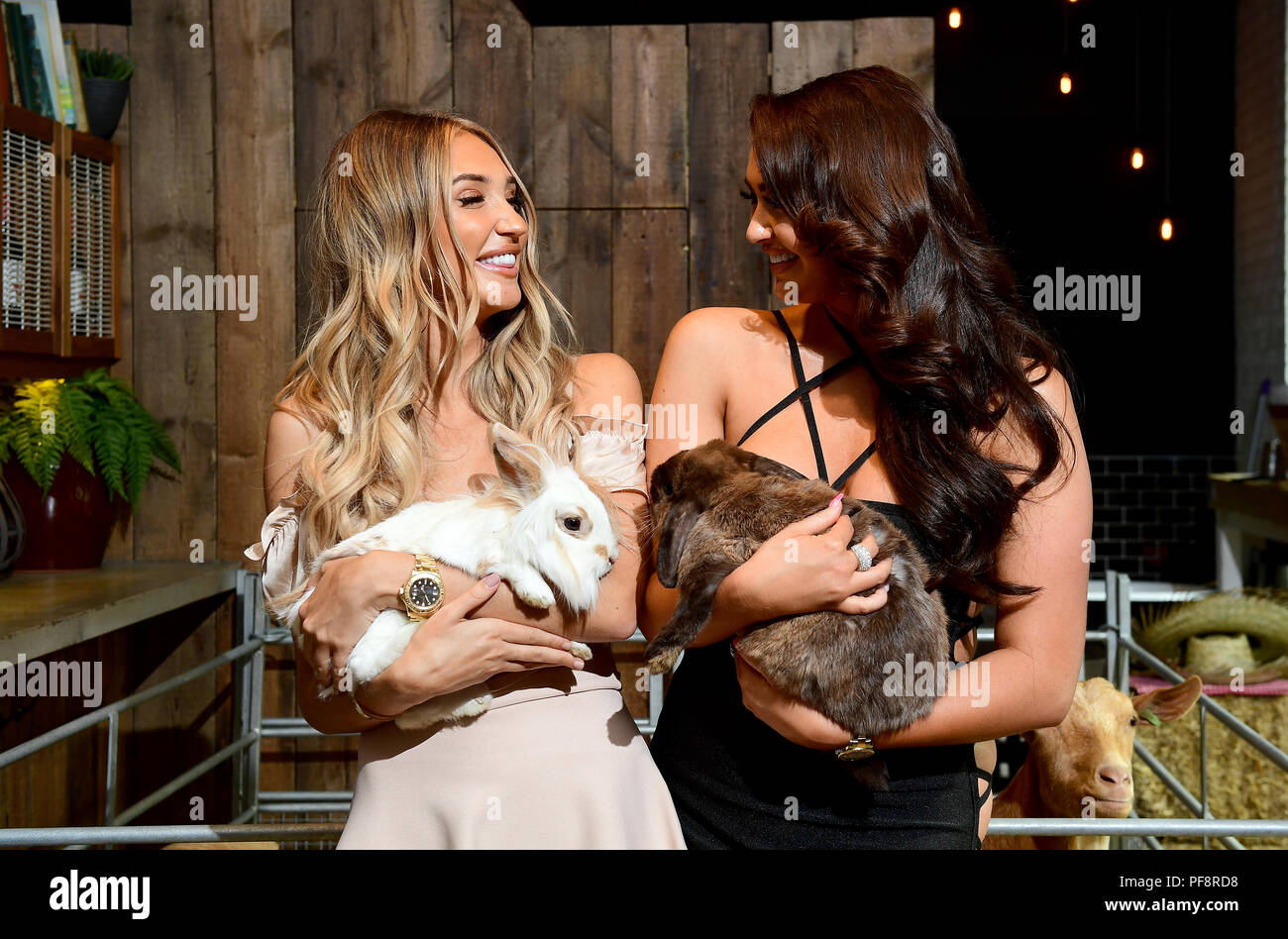 Megan McKenna (left) and Charlotte Dawson (right) hold bunnies whilst attending the Celebs On The Farm photocall in London. Stock Photo