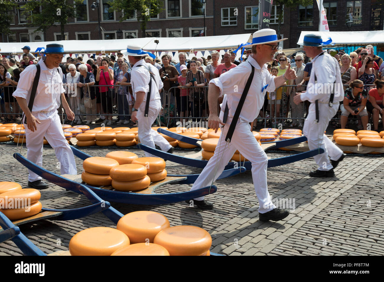 Alkmaar, Netherlands - July 20, 2018: Traditional cheese carriers carry cheeses on a wooden stretcher  in front of the Waag building during the cheese Stock Photo