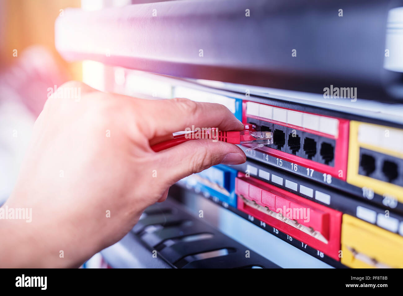 administrator holding network cables connected to servers Stock Photo