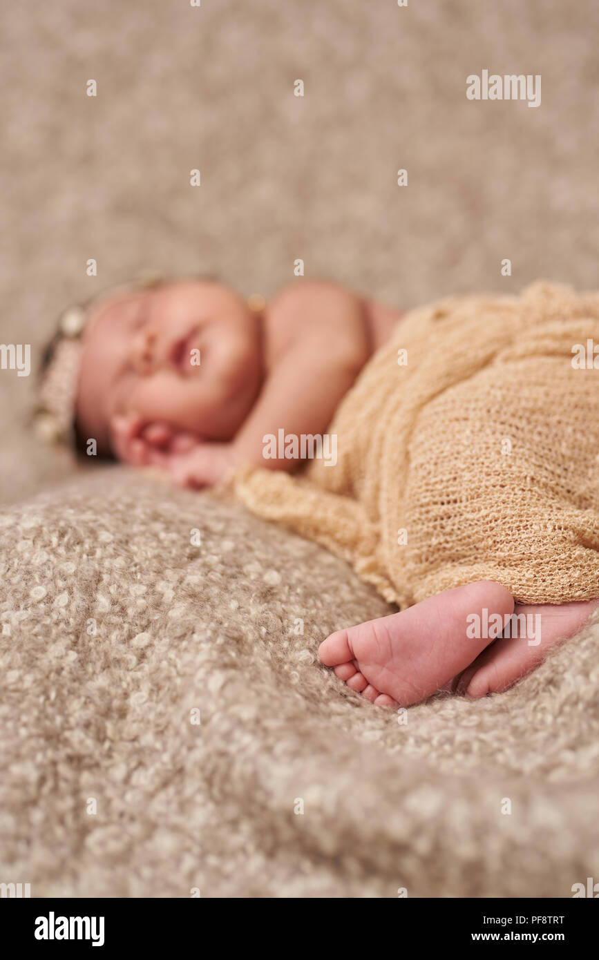 New born baby toe. Sweet sleeping small baby Stock Photo