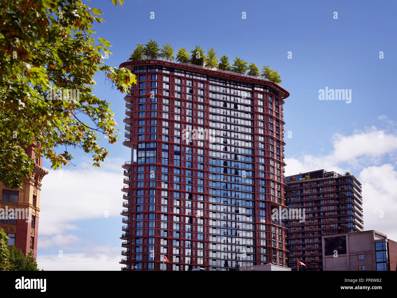 The Woodward's Building with trees on top of the roof, a landmark in the Downtown Eastside of Vancouver, British Columbia, Canada. Stock Photo
