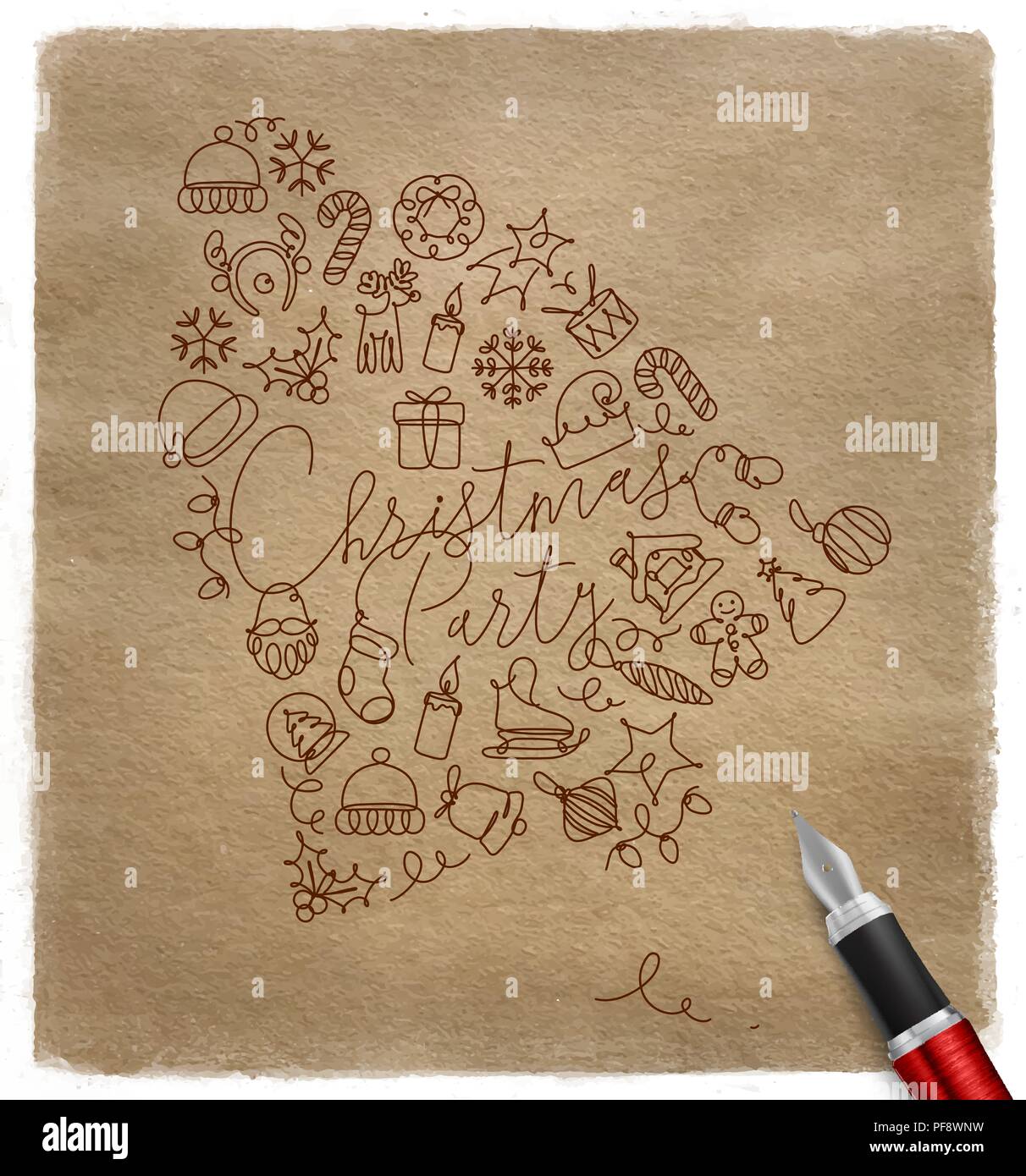 Toy bell lettering christmas party drawing pen line on craft Stock Vector