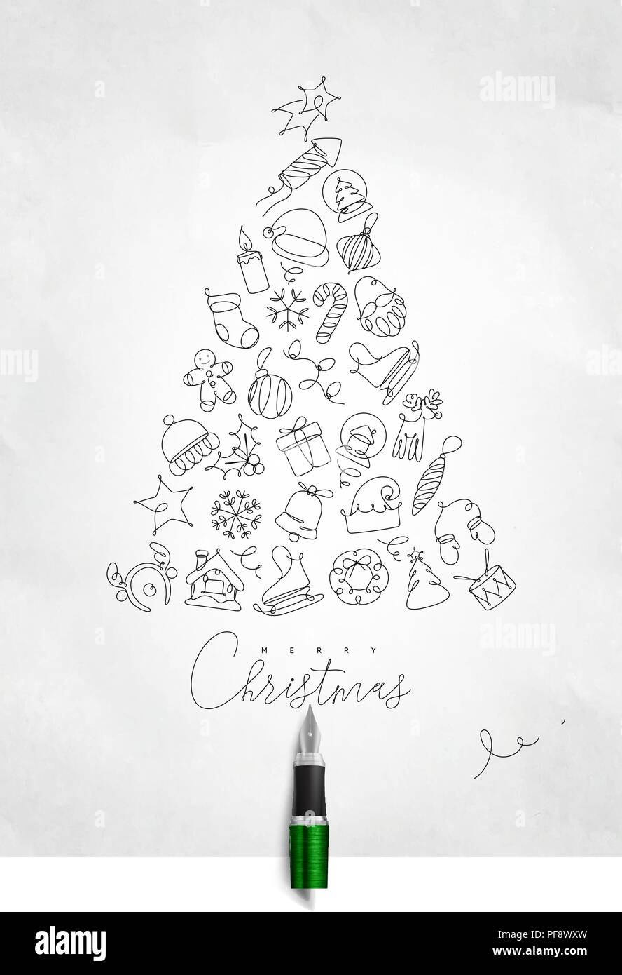 Christmas toy tree drawing with pen line on crumpled paper background Stock Vector
