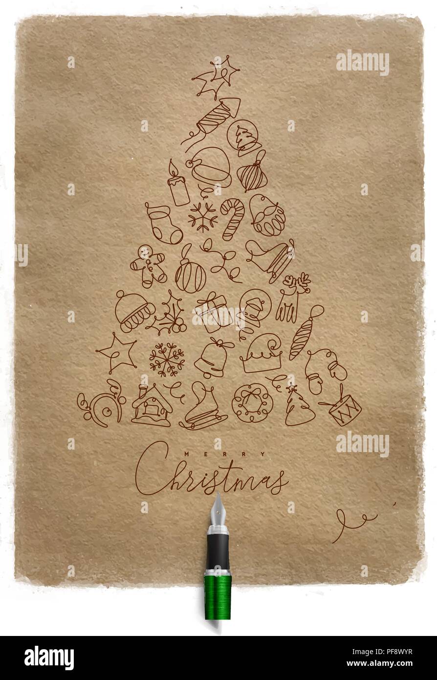 Christmas toy tree drawing with pen line on craft background Stock Vector