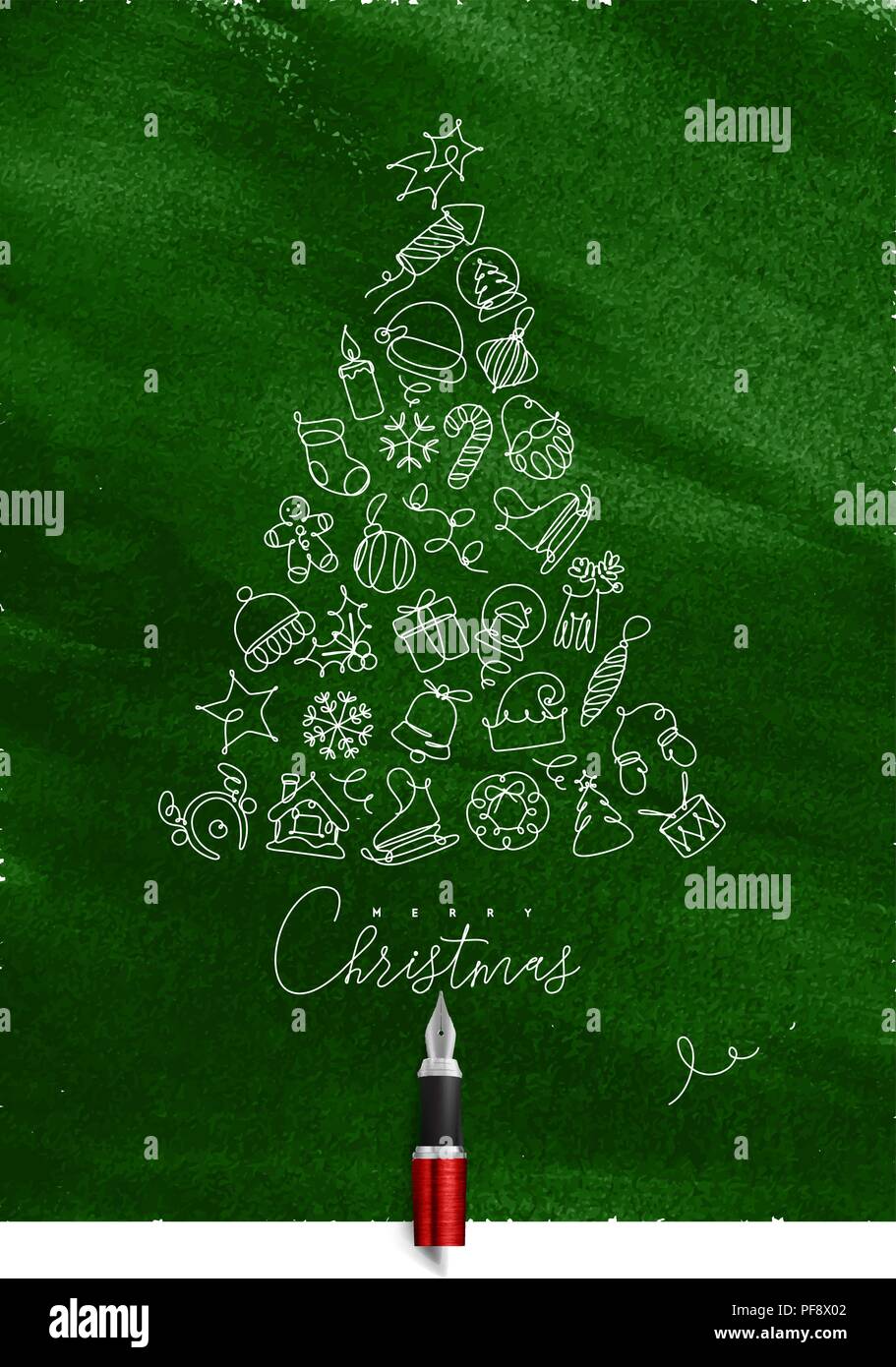 Christmas toy tree drawing with pen line on green background Stock Vector