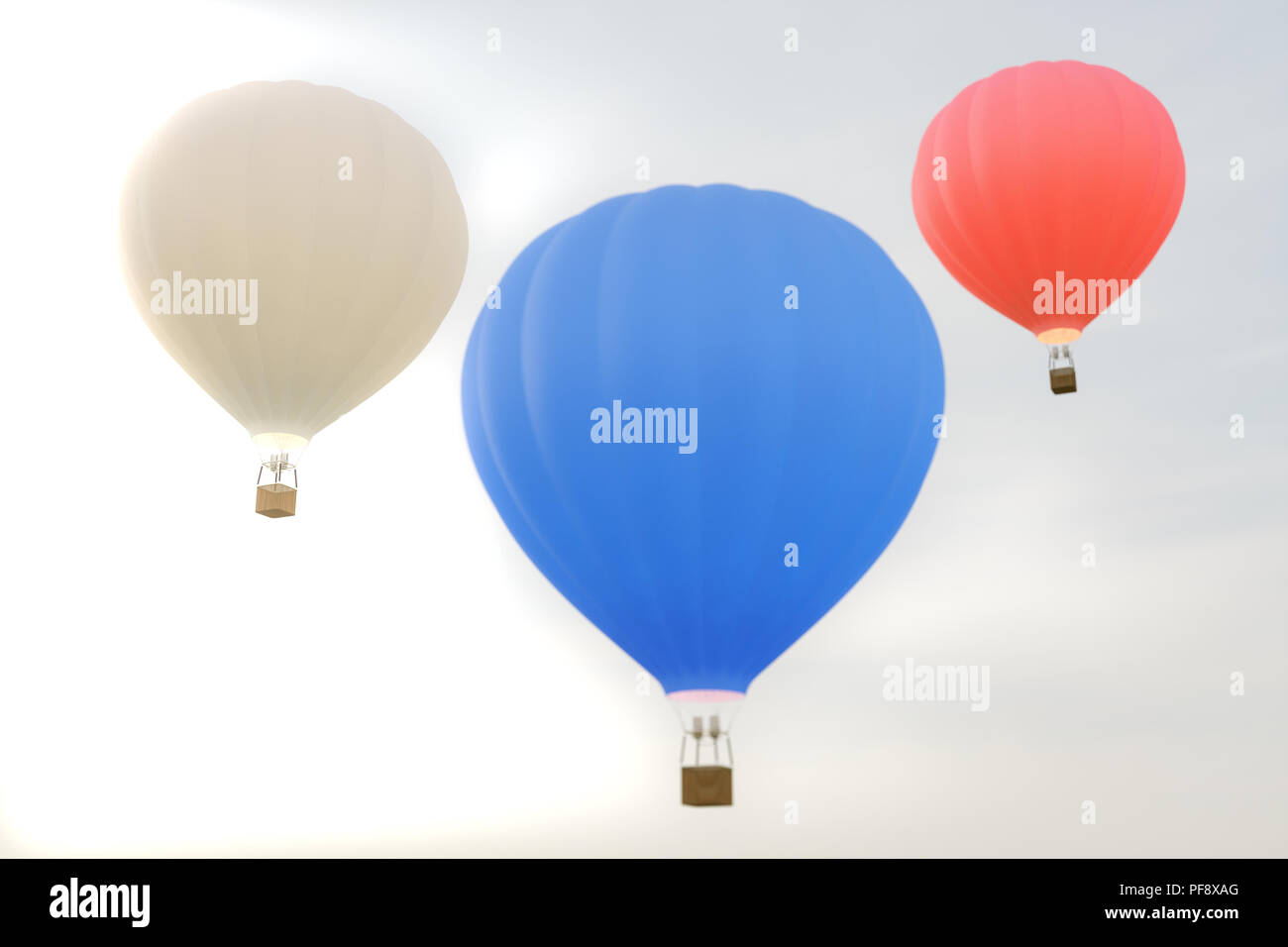 3D illustration hot air balloon on sky background. White, red, blue, green and yellow air ballon flyes on sky. Stock Photo