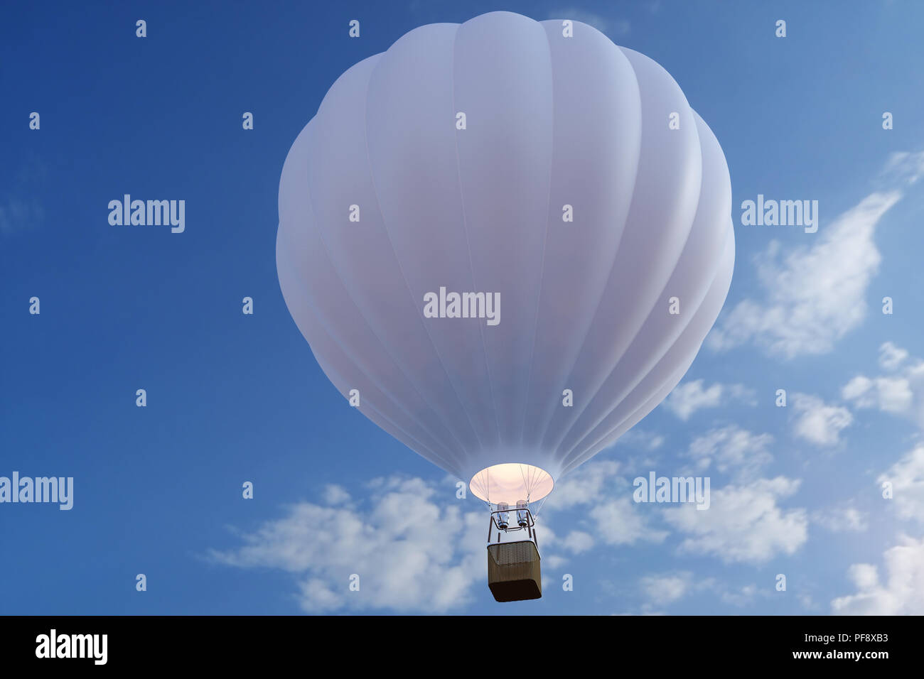 3D illustration hot air balloon on sky background. White, red, blue, green and yellow air ballon flyes on sky. Stock Photo