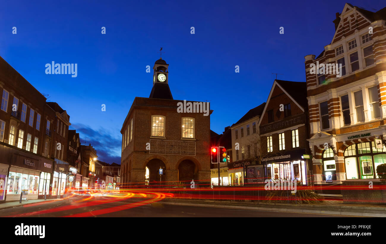 January 2018 - night view of High street in historic market town of Reigate, Surrey, UK Stock Photo