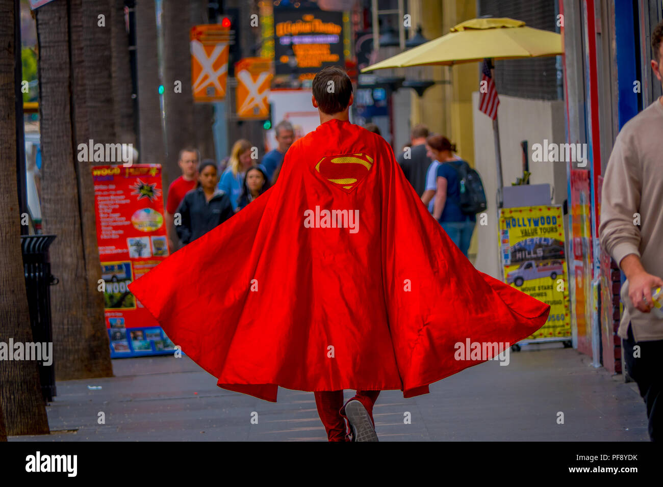 Los Angeles, California, USA, JUNE, 15, 2018: Outdoor view of unidentified man wearing a superman costume and walking in the streets of Los Angeles in Hollywood Stock Photo
